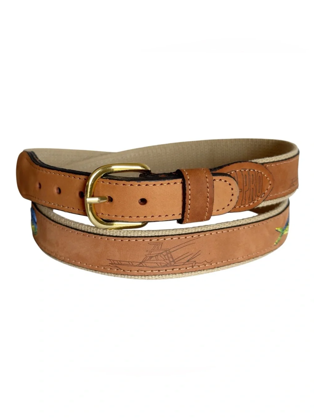 Zep-Pro Dolphin Mahi-Mahi Embroidered Nubuck Tan Leather Men’s 46 Belt USA
